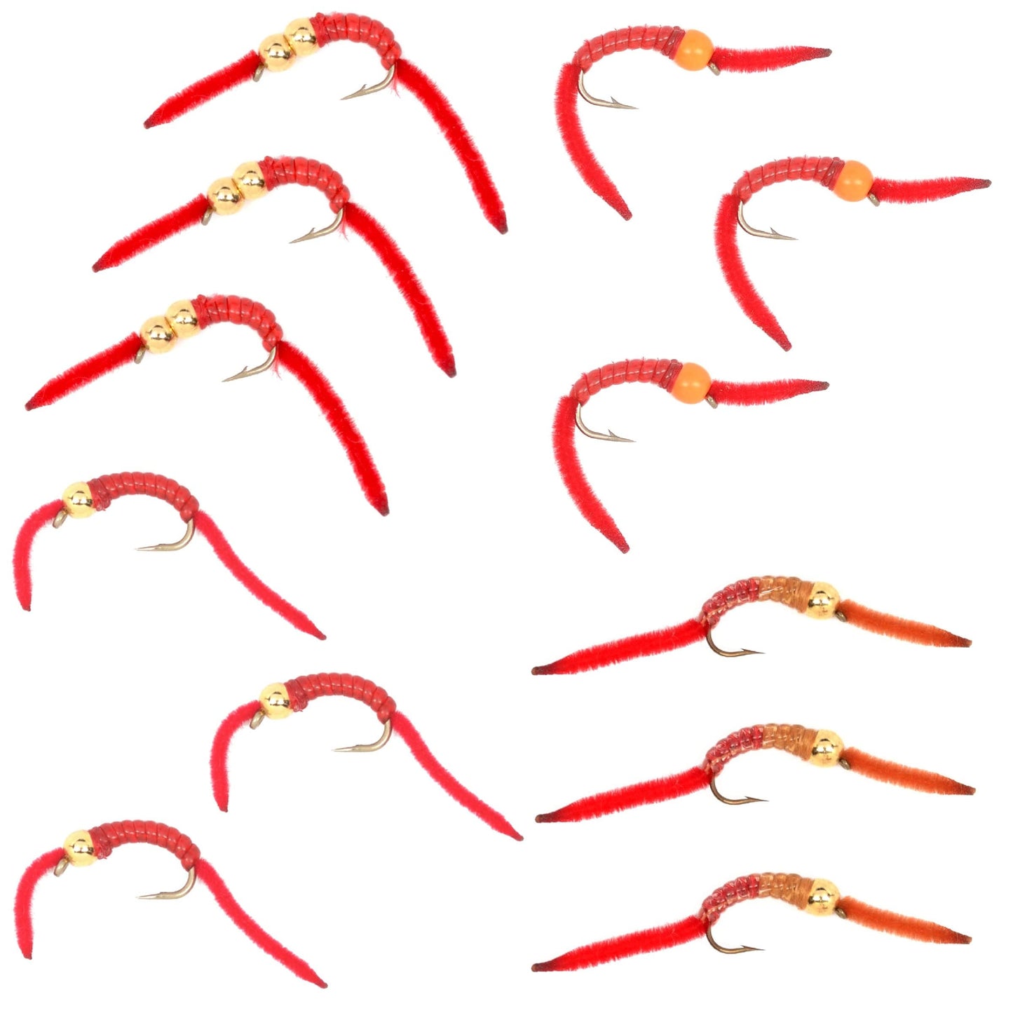 The Fly Fishing Place San Juan Worm Trout Fly Assortment, 12 Wet Nymph Flies, Hook Size 10, 4 Patterns