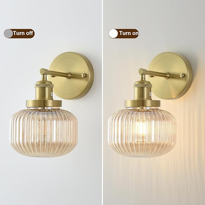 Vintage Wall Sconces with Amber Pumpkin Glass Lampshade, Indoor Bathroom Wall Sconce, Modern Gold Industrial Lighting Fixture for Mirror Living Room Hallway 1 Pack