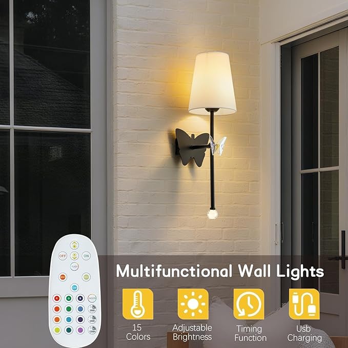 Battery Operated Wall Sconces,Rechargeable Wall Lights with Butterfly Crystal Decorative Sconces,Cordless Battery Sconce Indoor Wall Lamps for Bedroom Living Room Hallway Stairs Black 1 Pack