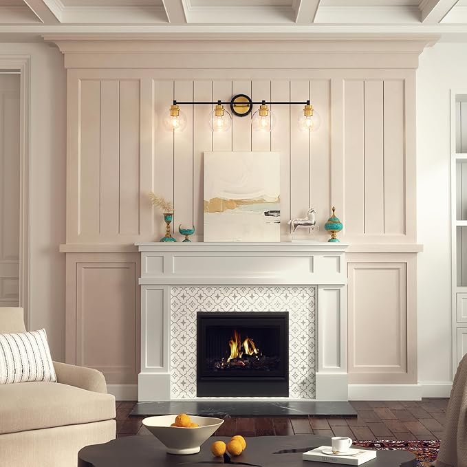 VONLUCE Bathroom Light Fixtures, 4-Light Vanity Lights with Globe Glass Shades, E26 Sockets, Over Mirror for Bedroom Hallway, Black & Gold Finish