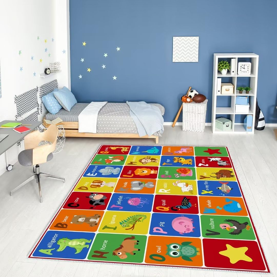 SXYLPP ABC Alphabet Animal Rug, Educational Letter Learning Game Playmat for Kids, Crawl Floor Mat in The Bedroom, Playroom, or Classroom(47x71in)