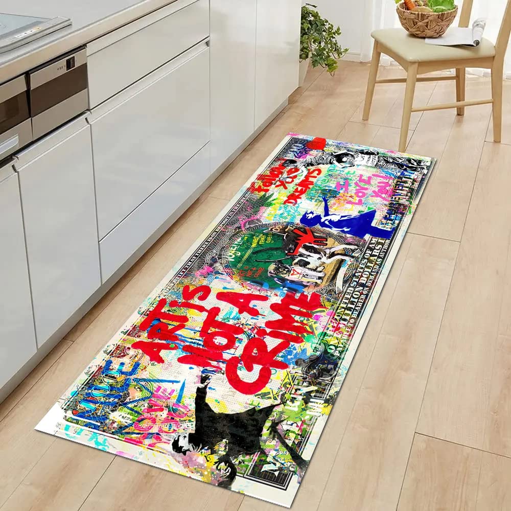 JUST BREATHE Graffiti Abstract Runner Rug 'Follow Your Dreams' Pop Art Street Art Cool Rug Inspiring Money Rugs One Million Dollar Mat Floor Carpet for Bathroom Bedroom Home Office 59"x24"
