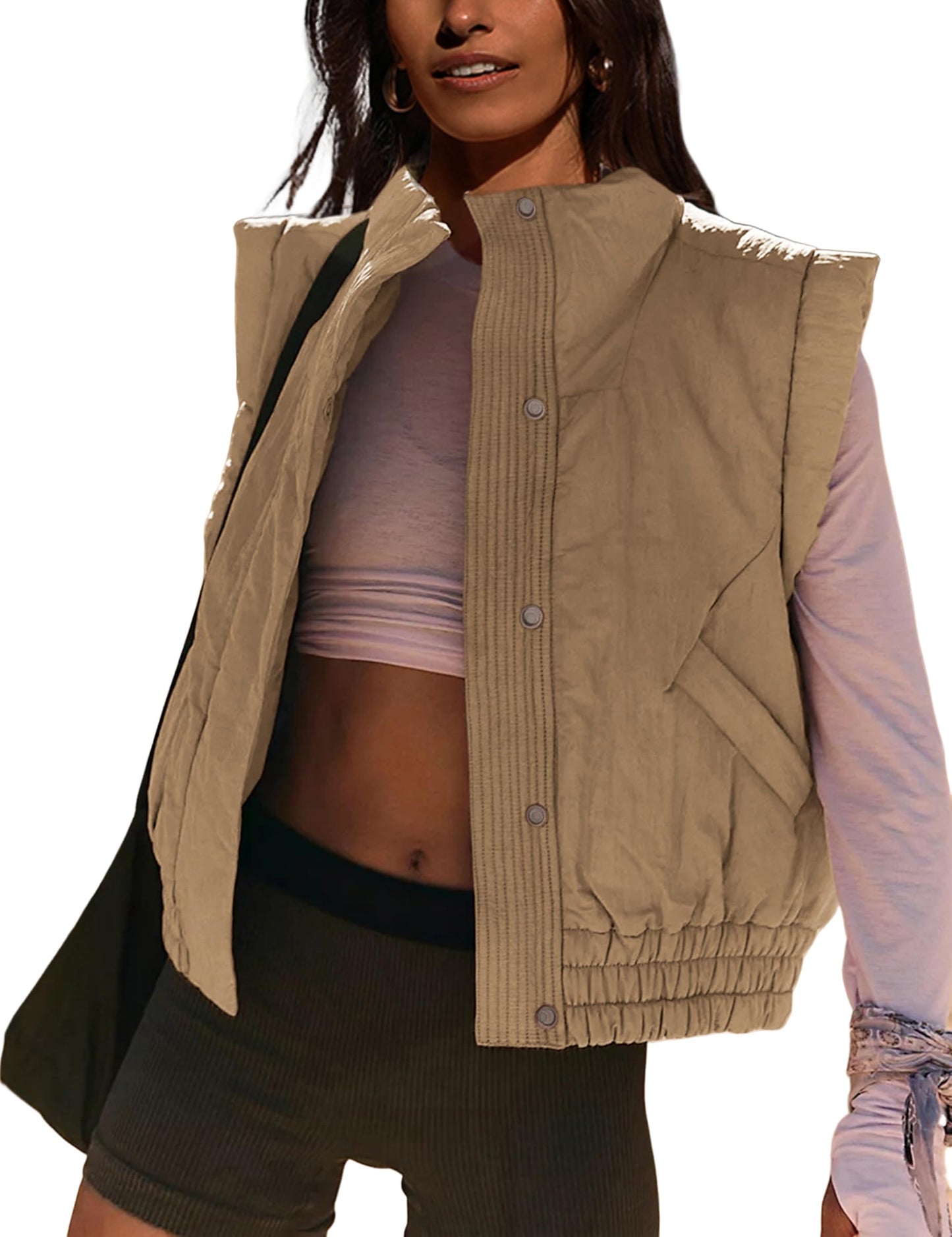 Lviefent Womens Puffer Vest Cropped Lightweight Button Down Quilted Vest Sleeveless Padded Gilet Coat with Pockets (Khaki-S)
