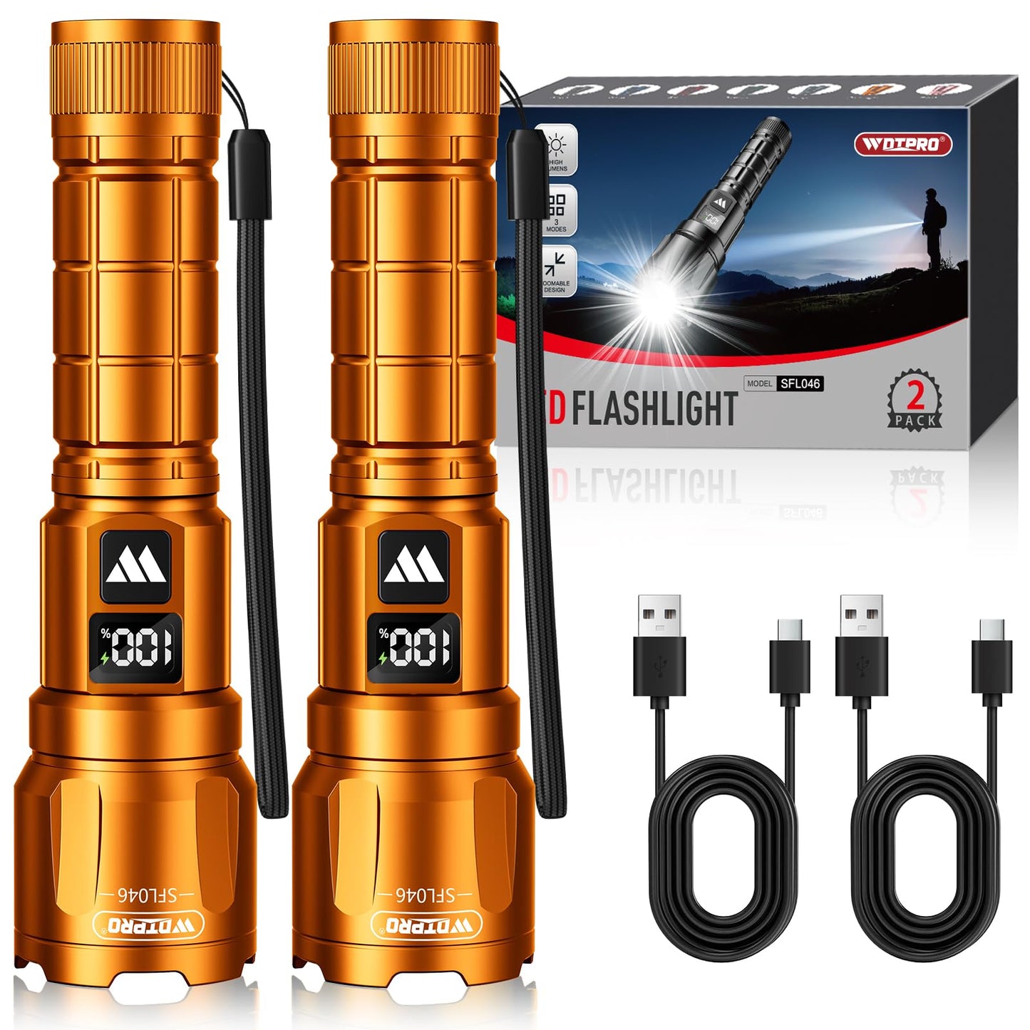 Wdtpro LED Rechargeable Flashlight 2 Pack, 3 Modes Super Bright High Lumens Flashlights, Zoomable Tactical Flash Light with LCD Display, IP65 Waterproof Flashlights for Home Emergency Camping - Orange