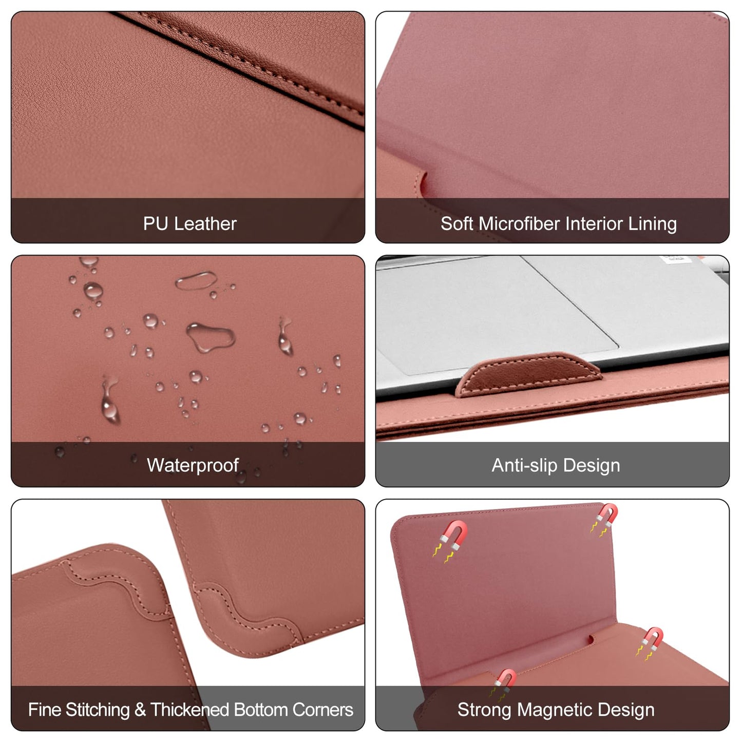 RoYiio 13-13.3-14 Inch Laptop Sleeve Case with Stand Feature Cover PU Leather Slim Bag for MacBook Pro 14" M5/M4/M3/M2/M1 & Pro/Max, MacBook Pro 13" M2/M1, MacBook Air 13" M5/M4/M3/M2/M1 (Dark Pink)