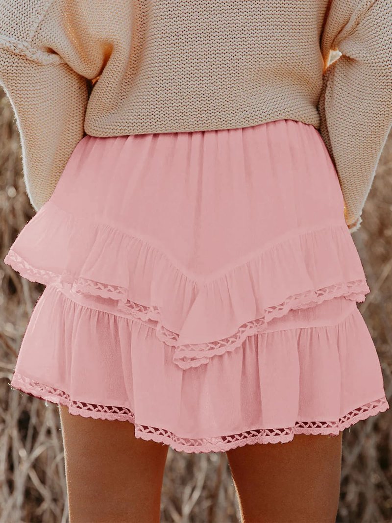Aoudery Flowy Shorts for Women Casual Boho Ruffle Tiered Skorts High Waist Mini Skirts Golf Tennis Butterfly Crochet Shorts - All Pink M