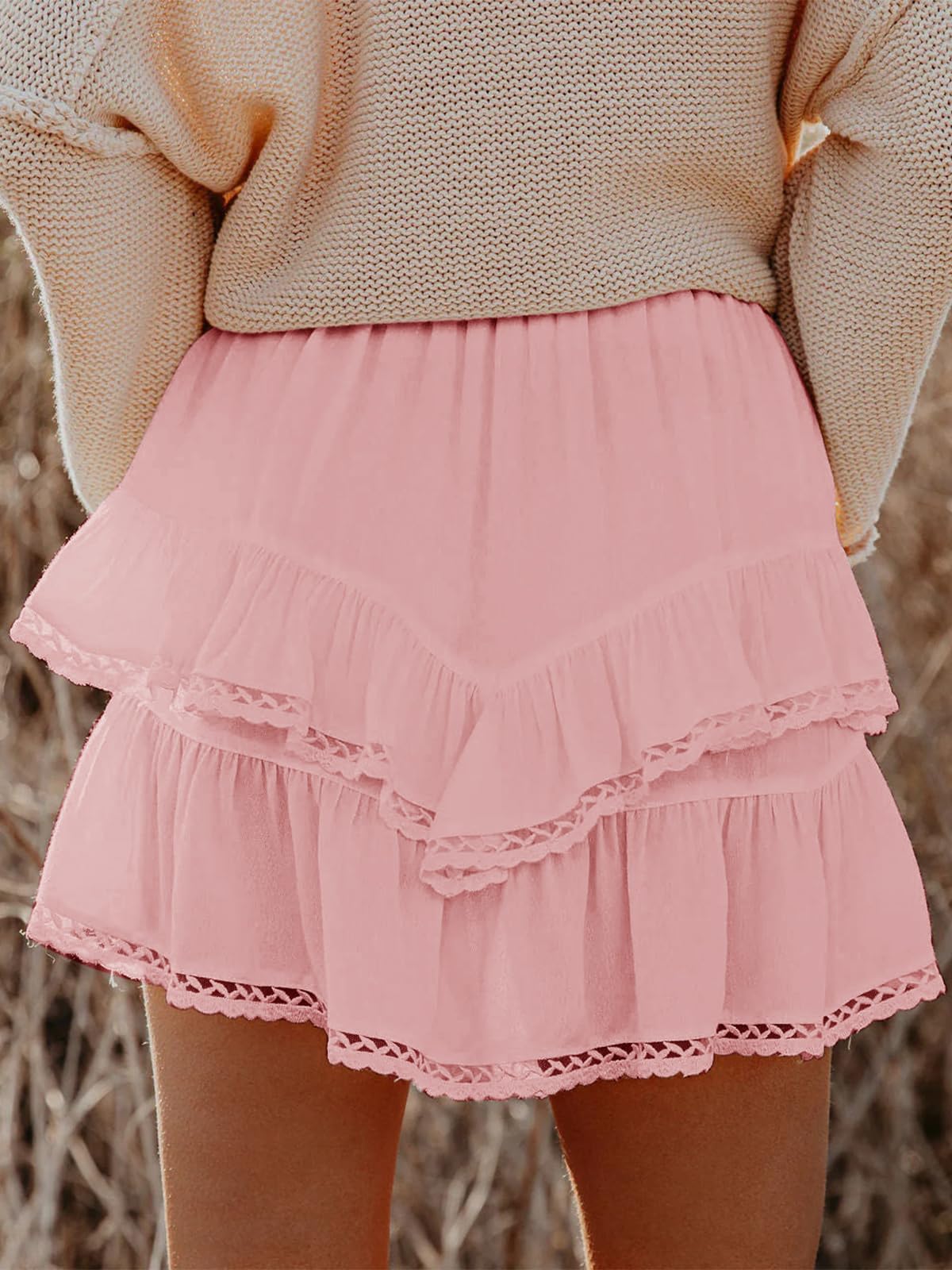 Aoudery Flowy Shorts for Women Casual Boho Ruffle Tiered Skorts High Waist Mini Skirts Golf Tennis Butterfly Crochet Shorts - All Pink L