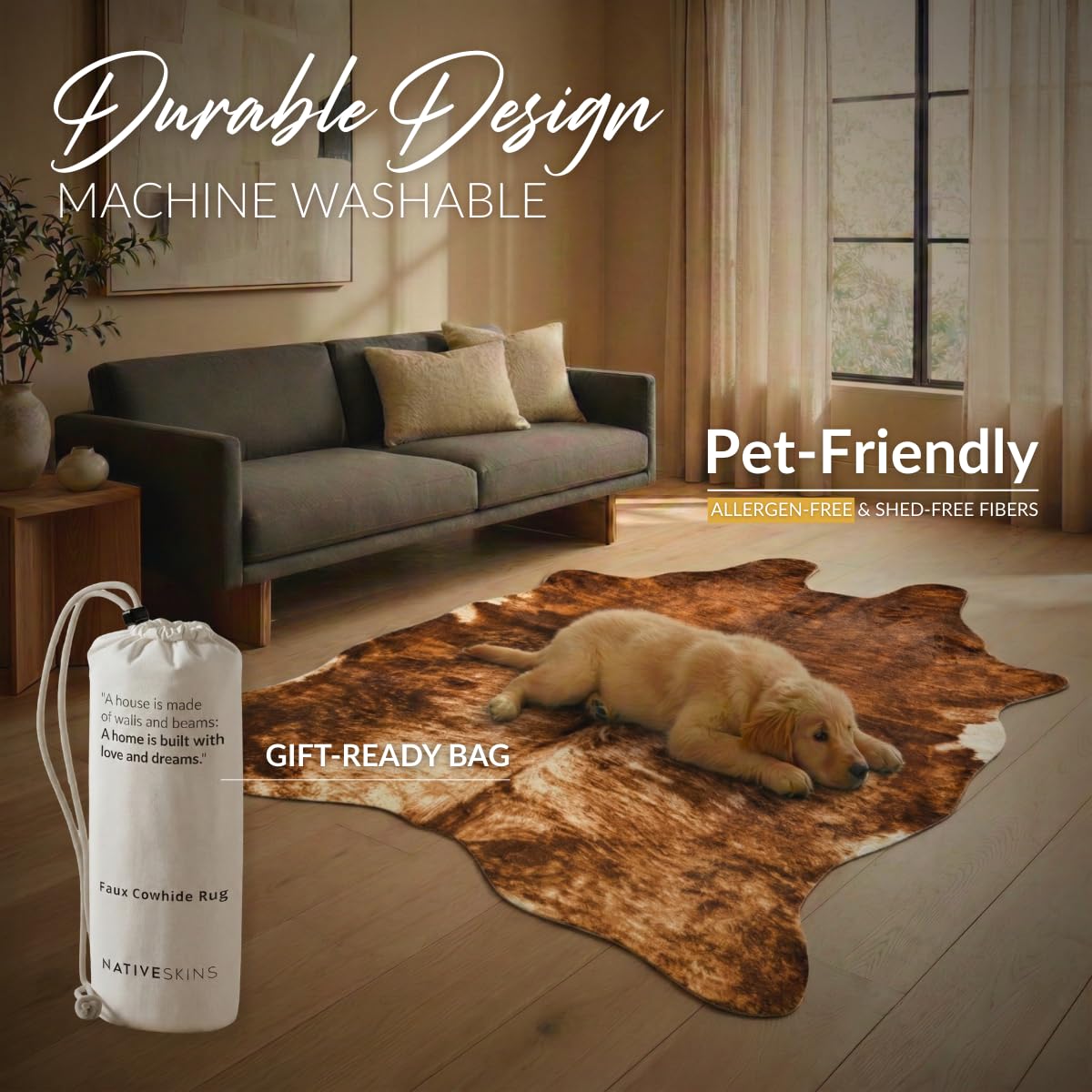 NativeSkins Faux Cowhide Rug – Brindle (Large) | 4.6ft x 6.6ft | Triple-Layer Support | Ultra-Soft Pile | Hand-Cut, Faux Suede No-Slip Backing | Western Rug | Cow Hide Animal Print