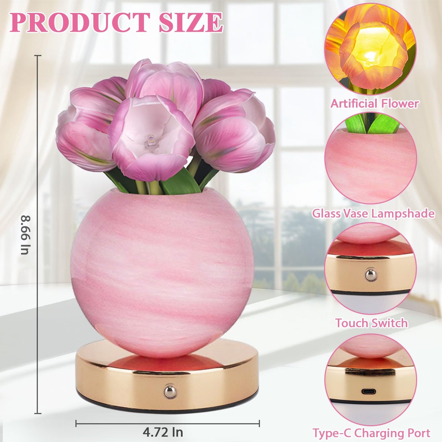Strackvial Tulip Table Lamp, Rechargeable Cordless Touch Dimming Artificial Tulip Flower Desk Lamp, LED Flower Bedside Night Light Romantic Gifts for Girl Women Mom (Pink Tulip)