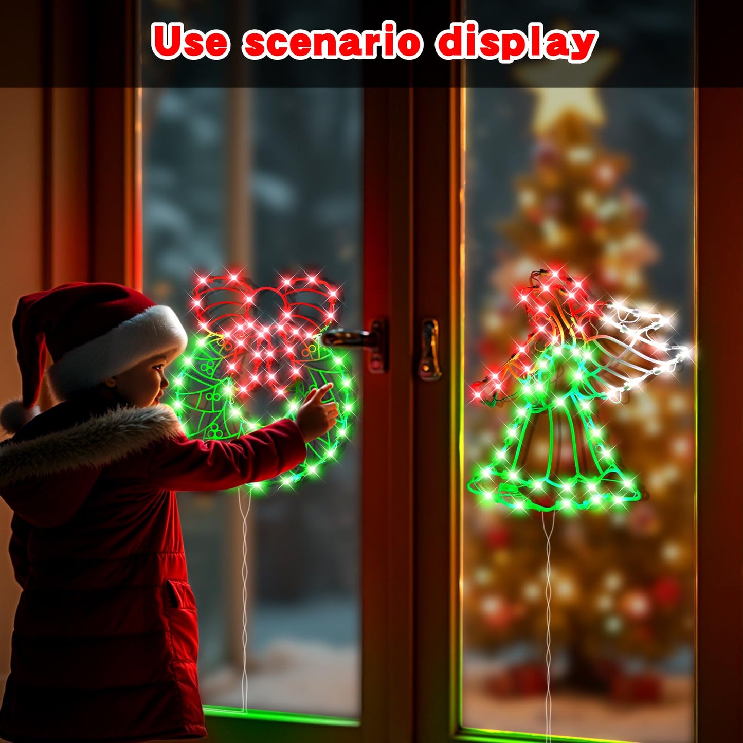 SUPHONOR 16" Christmas Window Silhouette LED Lights Decorations, Pack of 2 Sign Lighted Wreath and Angel Christmas Window Lights for Indoor Wall Door Glass Decor, Window Hanging Lights