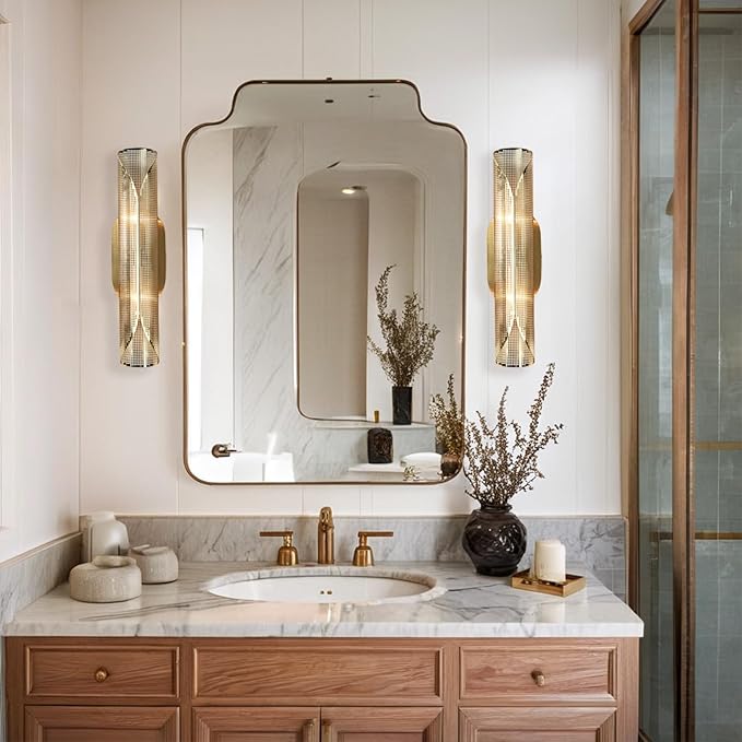21.6 Inch Curved Perforated Double Wall Sconce, Hand-Made Aged Brass Metal Wall Mounted Light Over Mirror, Luxury Wall Light for Bedroom, Elegant Light Fixture for Indoor