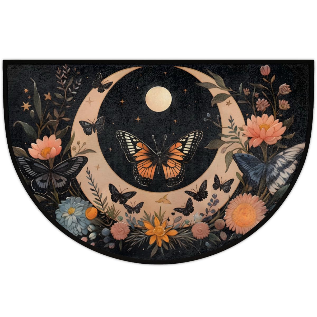 Half Round Door Mat,Art Moon Butterfly Flower Non Slip Absorbent Entrance Doormat,Welcome Mat for Front Door,Low-Profile Semi Circle Floor Mats Area Rugs for Home Kitchen Garage Patio,36" x 24"