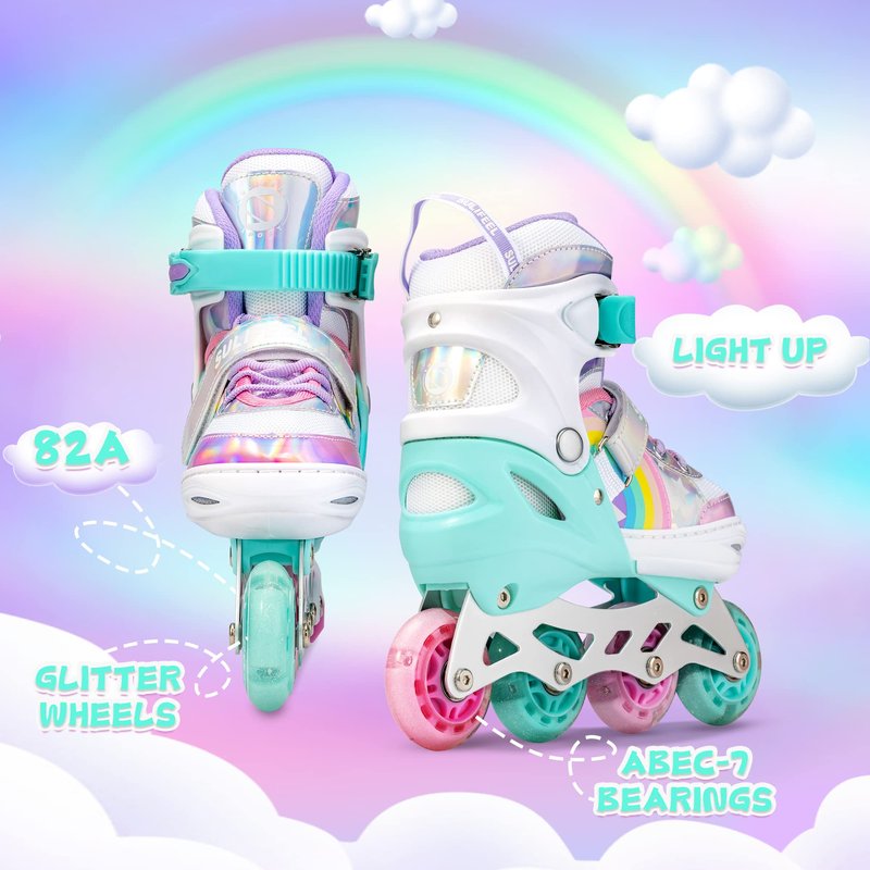 SULIFEEL Rainbow Unicorn Adjustable Inline Skates for Girls Boys and Kids with All Illuminating PU Wheels for Outdoor and Indoor Beginner Skates Medium
