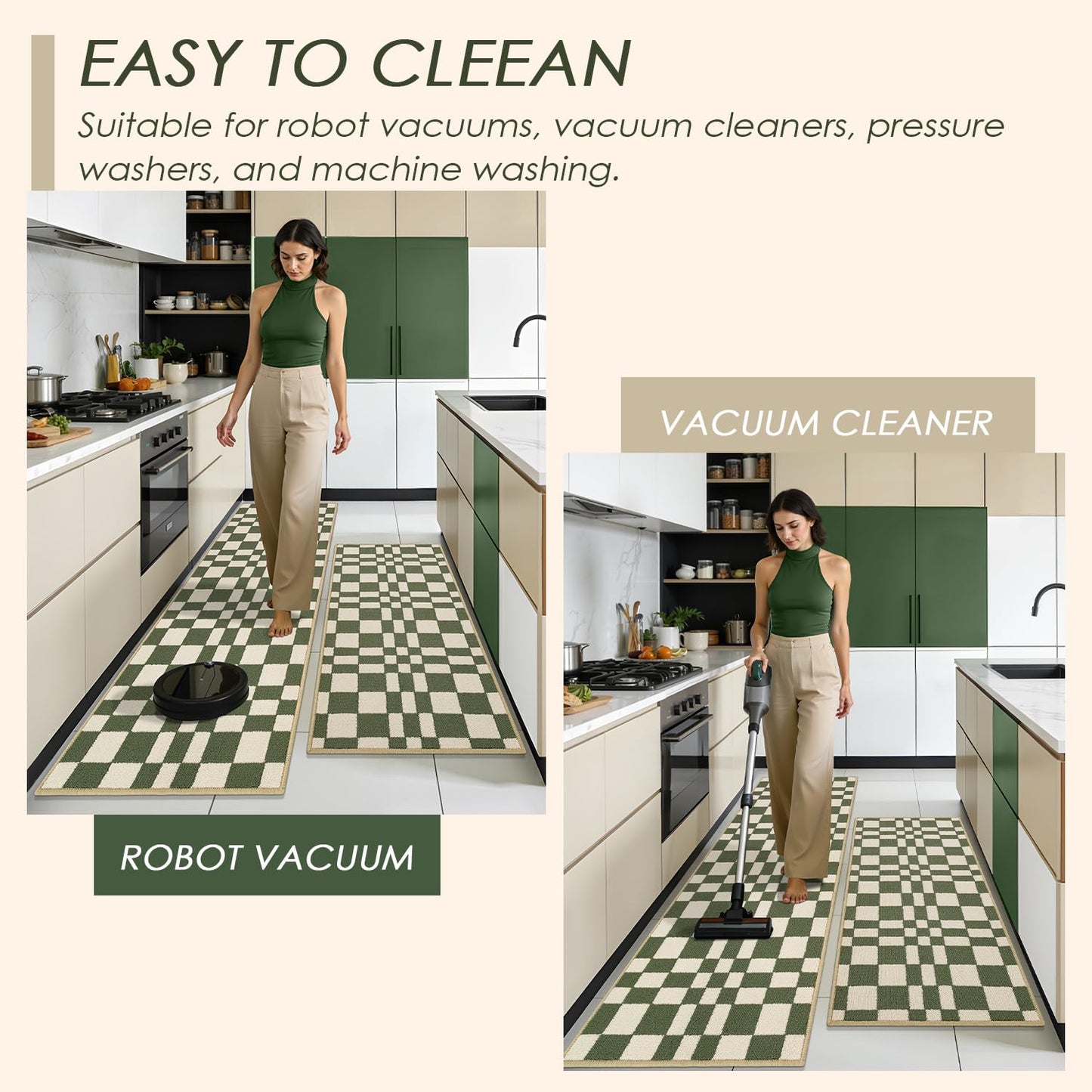 hicorfe Checkered Grid Checkerboard Kitchen Rugs,Set of 2 Non Slip Kitchen Mats for Floor,Washable Kitchen Runner Rugs Carpets for Hallways Entryway Laundry Room(20"x48"+21"x59",Green)