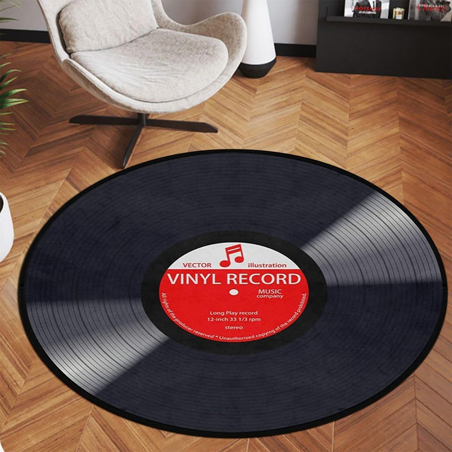 keepcute Music Record Black Round Area Rug for Bedroom Living Room Study Playing,Non-Slip Floor Mat Carpet Home Decor Rugs, 3' Diameter
