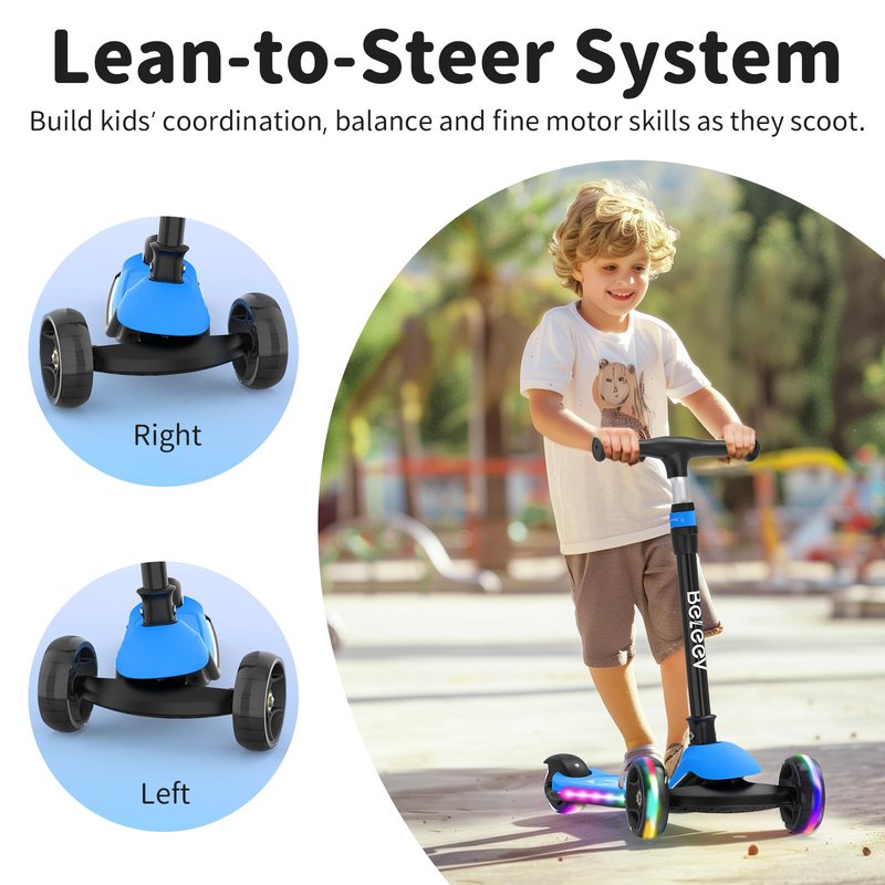 BELEEV Kids Scooter with LED Light-Up Wheels & Deck, 3 Wheel Folding Scooter for Toddlers Girls Boys Ages 3-12, Adjustable Handlebar, Lean to Steer, Extra Wide Wheel, Kick Scooter for Children (Blue)
