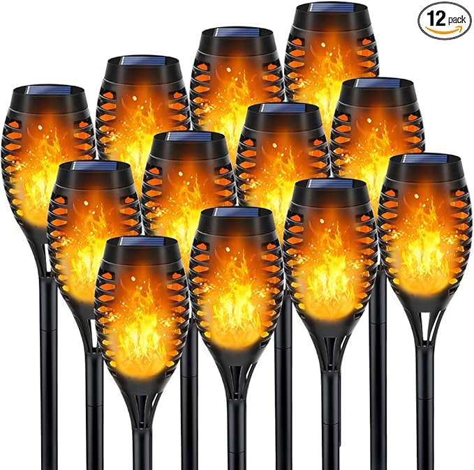 Outdoor Solar Lights, 12Pack Solar Torch Light with Flickering Flame, Garden Lights Waterproof for Halloween Decor, Flame Torches for Outside,Halloween Yard Decorations Outside for Pathway Garden