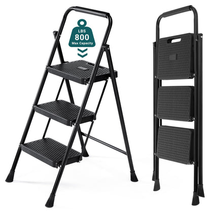 SMUG Step Ladder, 3 Step Stool Foldable with Anti-Slip Pedal & Comfortable Handrail, 800lbs Capacity Sturdy Steel Ladder, Protable Heavy Duty Step Stool for Kitchen, Garage & Outdoor Use, Black
