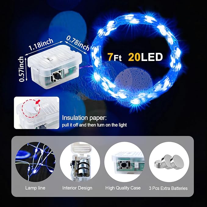 pozzolanas 24 Pack Blue Fairy Lights Battery Operated 3 Modes 7FT 20 LED Waterproof String Lights Twinkle Silver Wire for Mason Jars Wedding Christmas Halloween Party Decor (24, Blue)