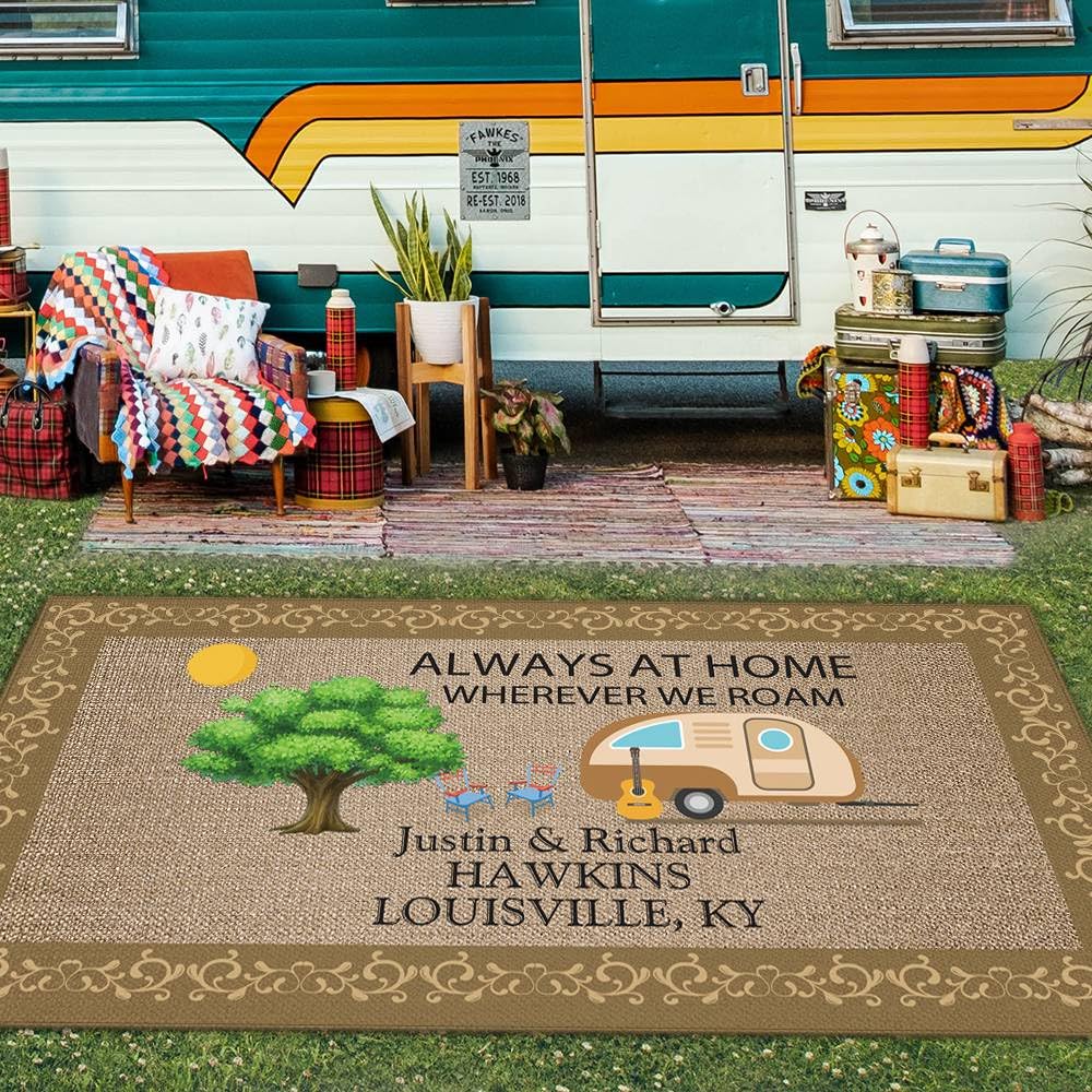 CafeTime Custom Camping Rug Always at Home Wherever We Roam RV Trailer Campsite Decor Floor Mat for Outdoors, Patio, Backyard, Picnic, Beach, Camping, 66 x 99 Inch