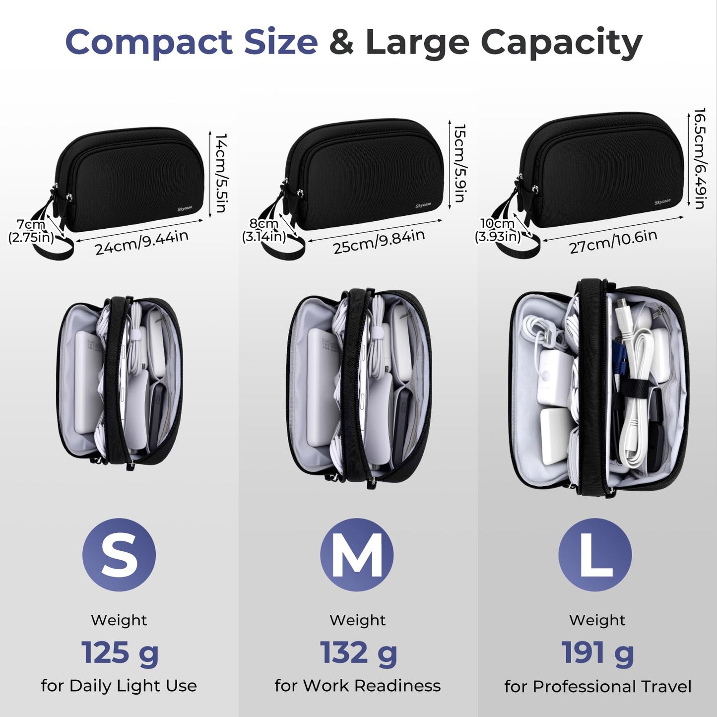 Skycase Travel Cable Organizer - Lightweight Water Resistant Dual-Layer Tech Pouch with Wrist Strap 10 Compartments Electronic Organizer Travel Case for Charger Cord Hard Drive,Medium,Black