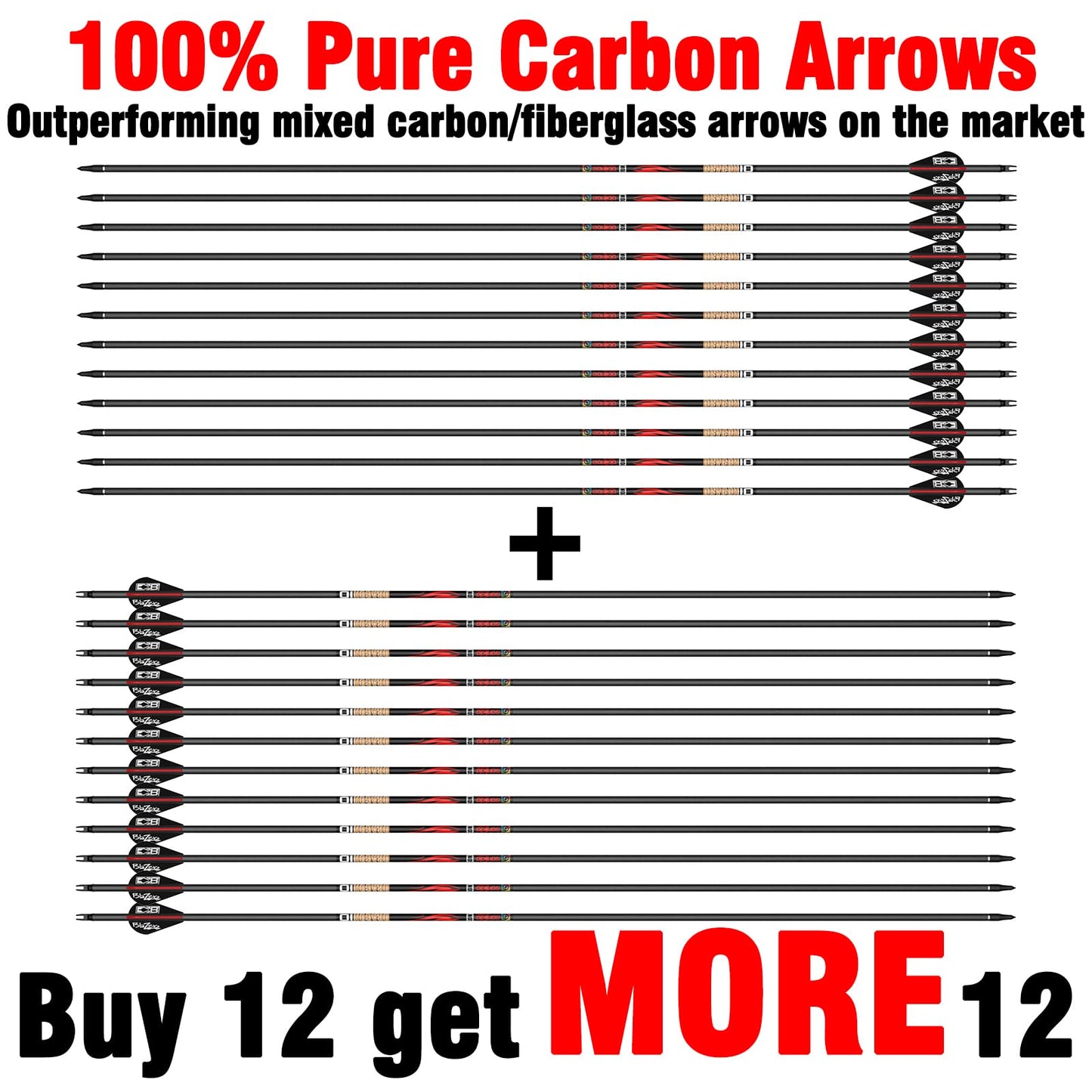 sanlida Dragon 9 12 Pack 100% Pure Carbon Hunting Arrows, 32" Arrows for Compound Bow, Olympic-Grade 10-Spine Precision, ±0.003" Straightness, 0.244" ID, 3" Vanes (470 Spine)