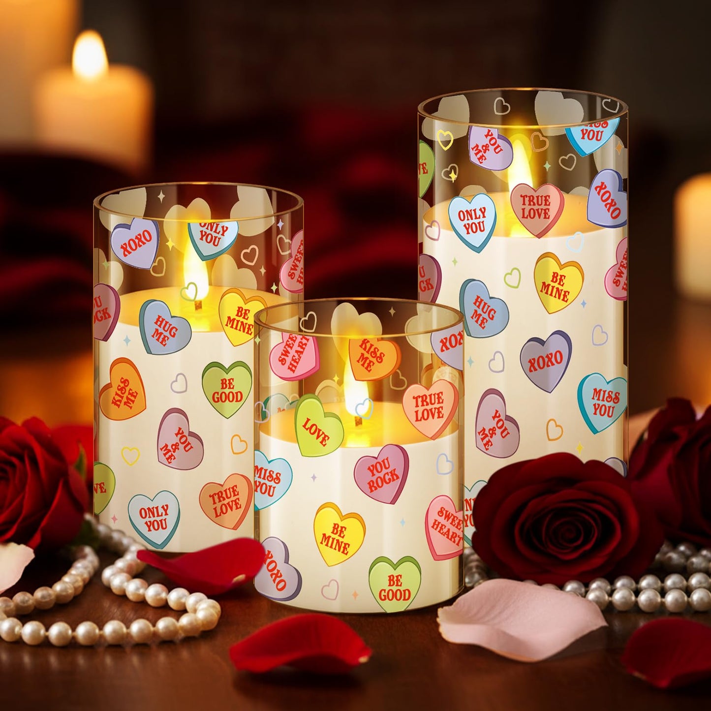 Blosssound 3 Pack Valentine's Day Flameless Candles Battery Operated Conversation Hearts Flameless Flickering Candles LED for Home Romantic Valentine's Collection Gifts Holiday Table Decorations