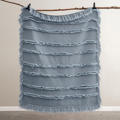 Ultra Soft Pre-Washed Quilted Boho Dark Blue Twin Size Blankets for Bed, Ruffle Fringed Decorative Throw, Stone Washed Chic Rustic Blanket for Sofa Couch Bed, 60"*80"