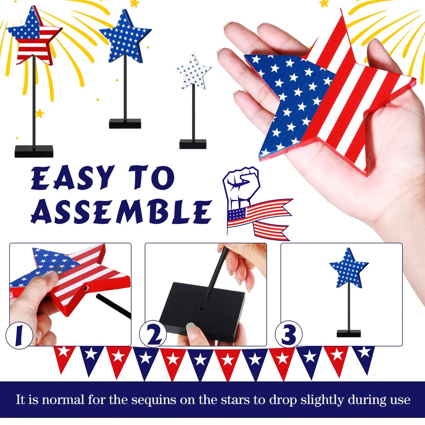 Geelin 6 Pcs Independence Day Standing Star Block Set Wooden Star Table Decoration Signs Memorial Day 4th of July Wood Patriotic Decor for American Festival Celebration Home Party Decor (Stripe Style)