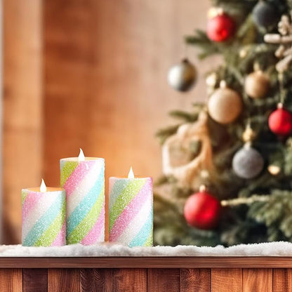 Baquler 3 Pcs Pastel Candy Flameless Candles Christmas Candy Stripe LED Pillar Candles Pastel Battery Operated Candlestick for Holiday Party Centerpiece Xmas Home Decoration