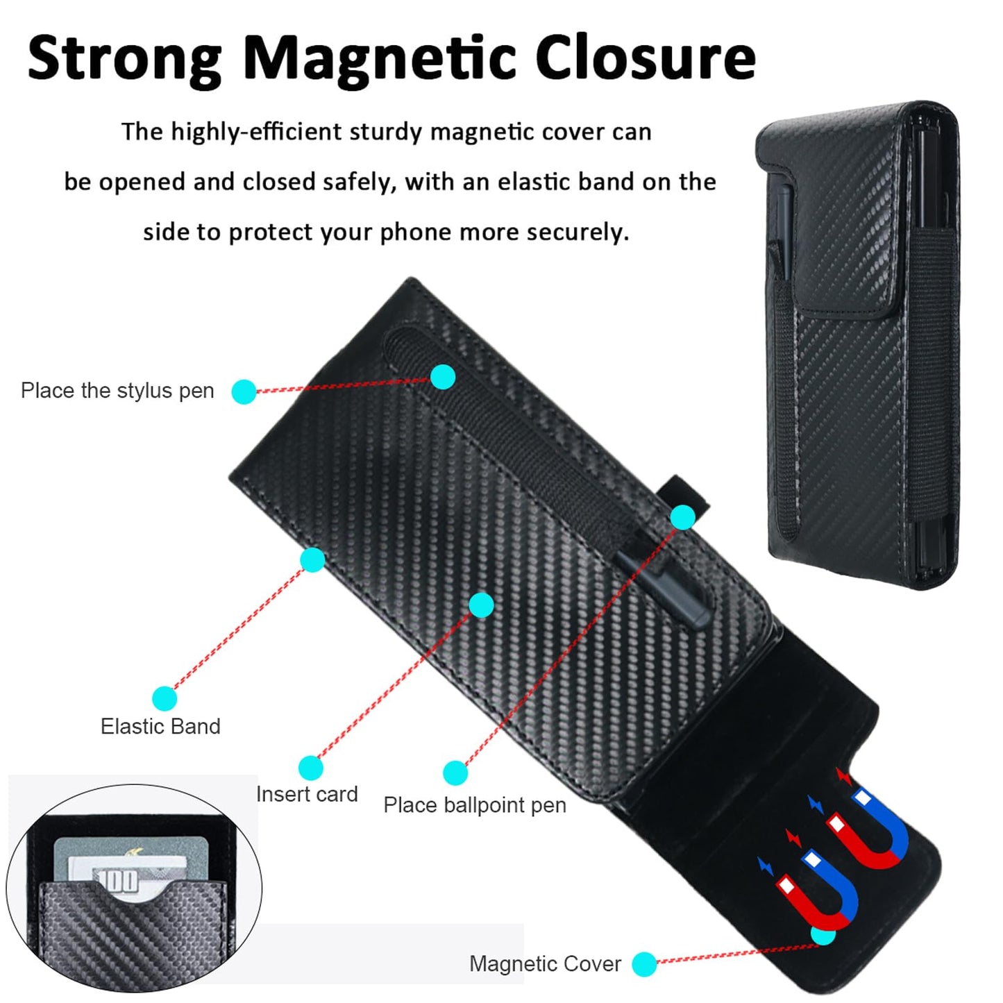 CusPra Holster Pouch for Samsung Galaxy Z Fold 8/7/6/5/4/3 with S Pen Holder & Belt Clip & Card Holder, Luxury Carbon Fiber Leather Holster Case with Belt Loop&Metal Clip&Magnetic Closuer (Vertical)