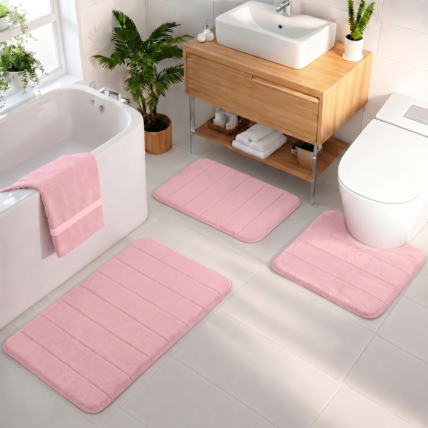 AINAHYVA Bathroom Rugs Set 3 Piece, Memory Foam Bath Rugs, Non Slip Washable Bathroom Rug Set, Extra Soft Absorbent Bath Mats with U-Shaped Toilet Rug, Pink