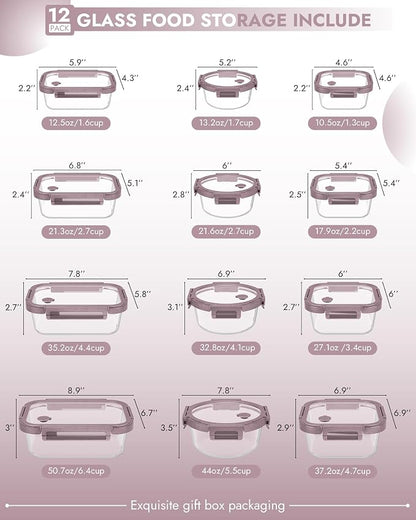 12-Pack Glass Containers with Tempered Lids – Borosilicate, Oven-Safe(-4°F~950°F), Airtight, BPA-Free, Multi-Size for Meal Prep, Dishwasher Safe, 1.6 cups to 6.4 cups (Pink)