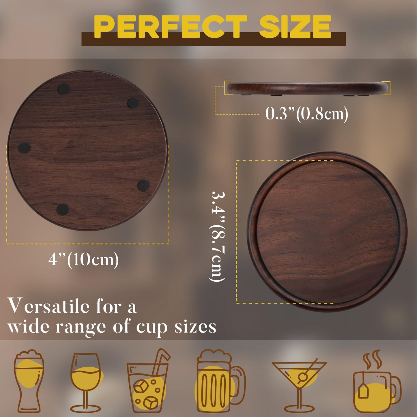 Wood Coasters with Leather Holder, GOH DODD Set of 8 Walnut Wooden Coaster Tabletop Protection for Drinks Coffee Table Home Kitchen Office Living Room Decor Housewarming Gifts Wedding Party, 4 Inch