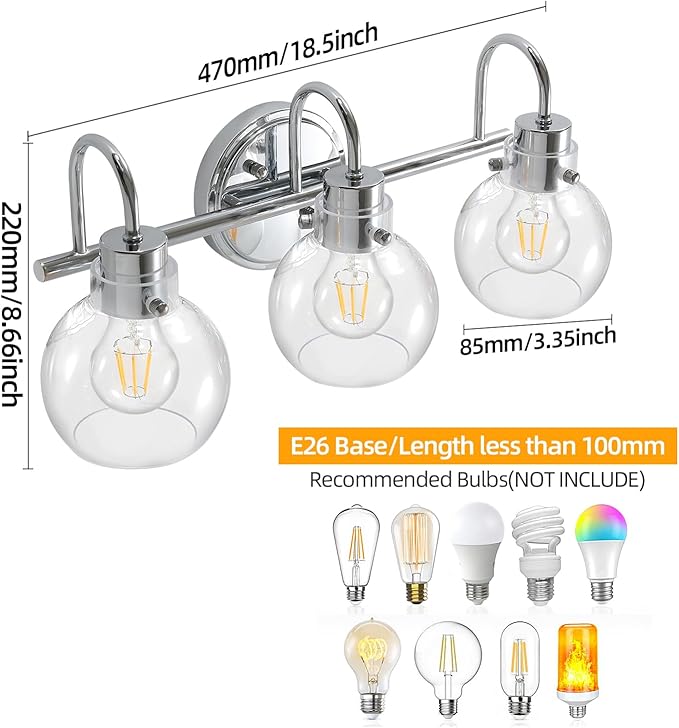 Bathroom Light Fixtures Polished Chrome 3 Light Vanity Light Wall Sconces Lighting with Clear Globe Glass Shades Bath Wall Mount Lamp for Mirror Kitchen Porch Living Room Bedroom Hallway(E26)