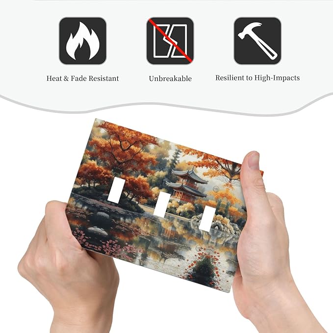 Decorative Art Light Switch Covers Lake & Pagoda in Fall 3 Gang Triple Toggle Wall Plate Decorative Switch plate Electrical Faceplate for Home Decor