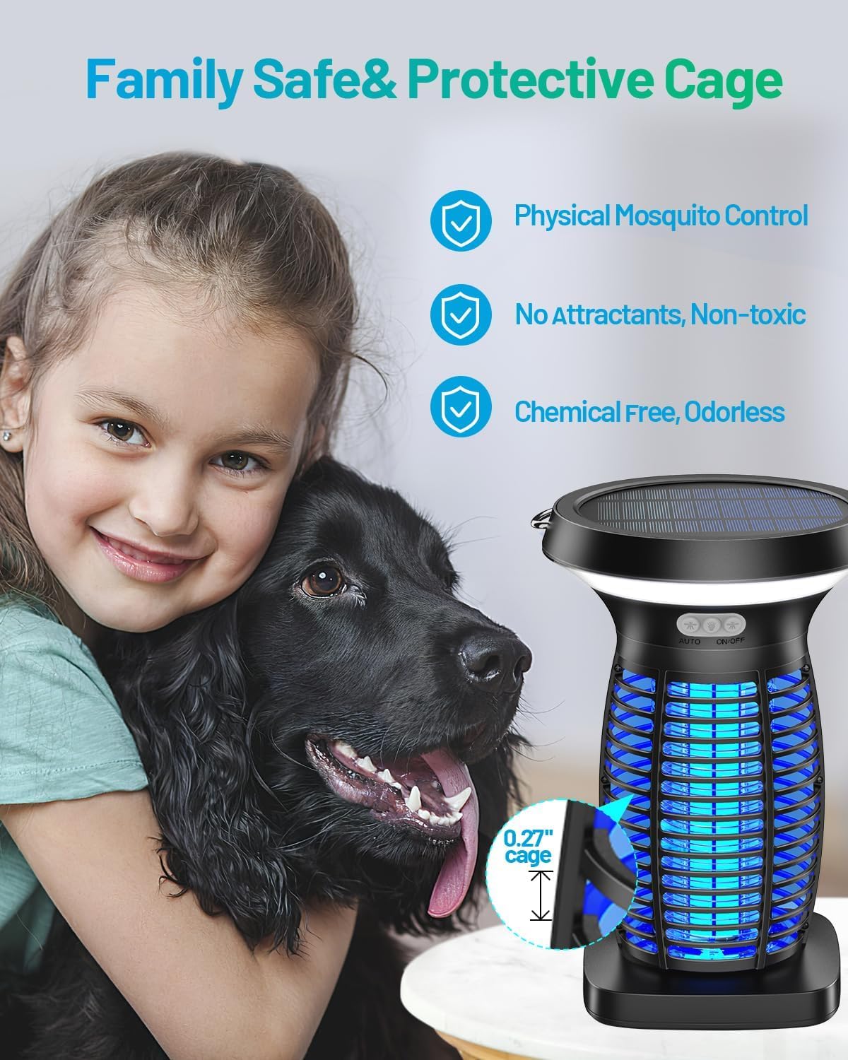 Solar Bug Zapper Outdoor, Mosquito Zapper Solar Powered, Electric Fly Zapper with Camping Lantern, Waterproof Insect Zapper, Cordless Mosquito Killer Lamp for Indoor Outdoor