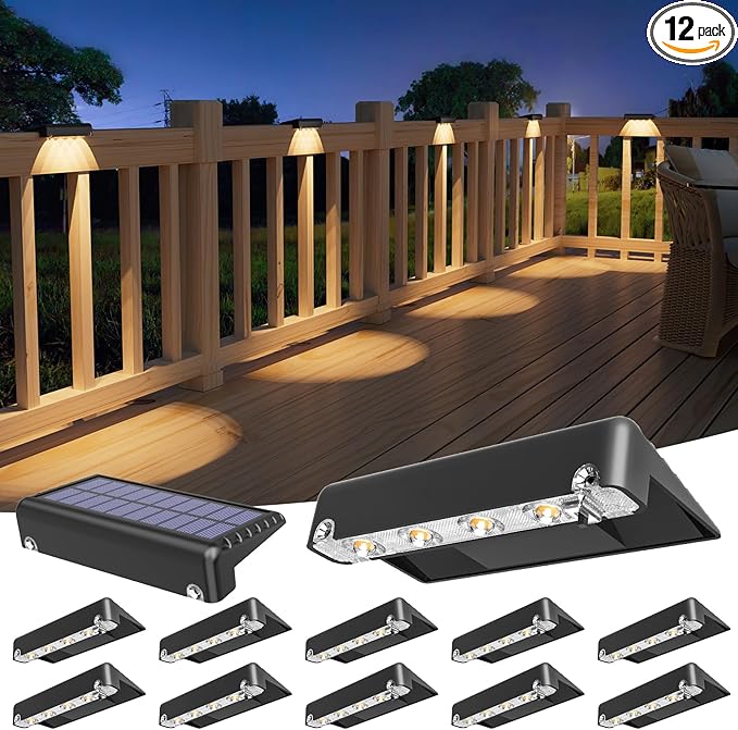 VOLISUN Solar Deck Lights 12 Pack, Warm White Glow LED Large Size Lamp, IP65 Waterproof Step Lights Outdoor for Deck, Step, Fence, Railing, Wall and Stairs (Black)