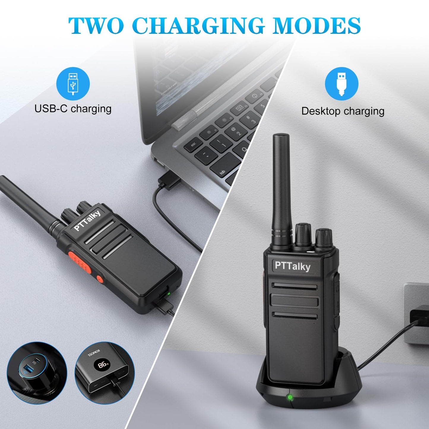 PTTalky FR1 Plus Walkie Talkies Long Range, Hidden Display Rechargeable 2 Way Radio for School Business Warehouse Restaurant (Black, 6 Pack)