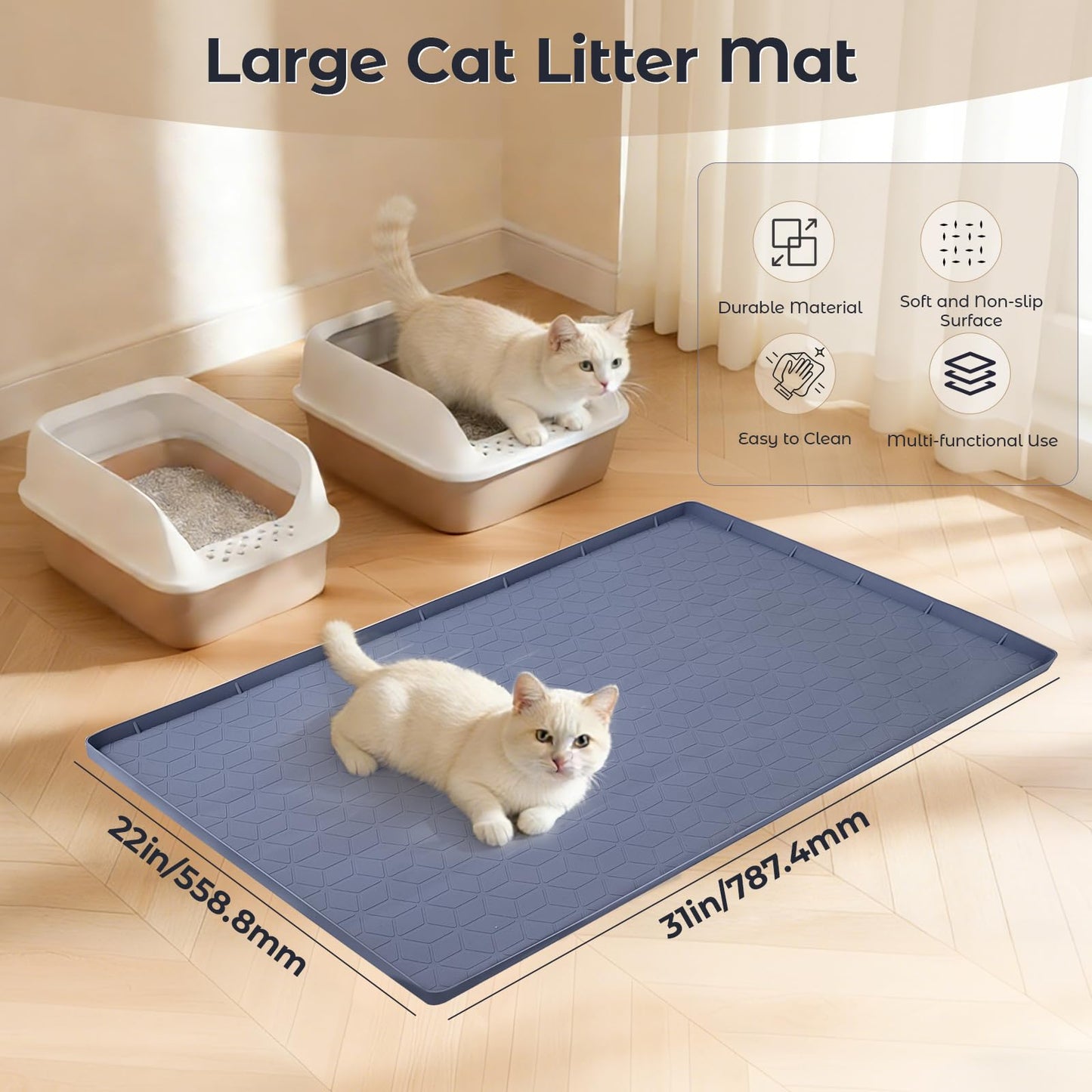 SZTCECDM 31" x 22" Cat Litter Mat, Waterproof & Anti-Skid Litter Box Mat for Scatter Control, Silicone Litter Pads Trapping Mess Around Litter Box with Raised Edges, Easy Clean Pad