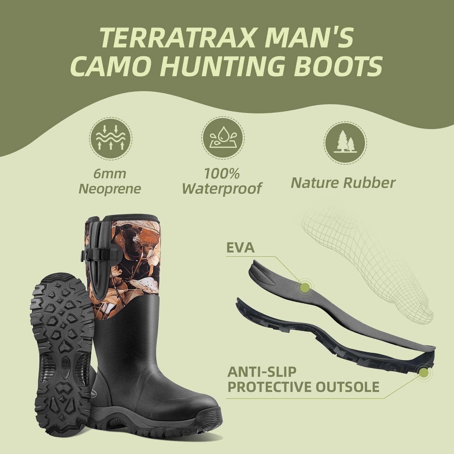 Men's Waterproof Hunting Boots, Camouflage 6mm Neoprene Muck Boots for Outdoor Hunting, Fishing, Farming & Work Black size 9