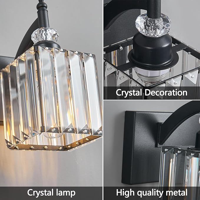 Crystal Vanity Lights Black 3 Light Bathroom Light Fixtures Over Mirror Modern Vanity Light for Bathroom