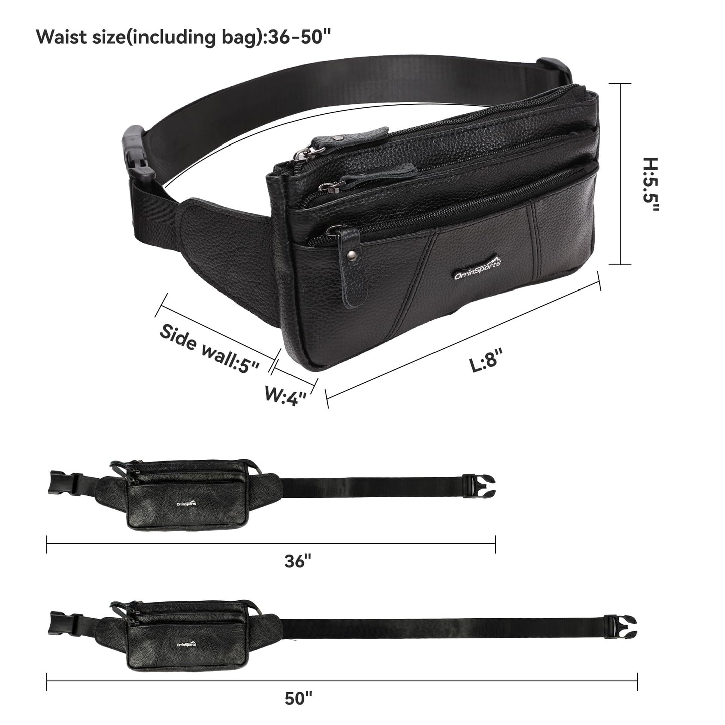 Leather Fanny Pack for Men Women,Genuine Leather Waist Belt Bag with Adjustable Strap Belt Hip Bag with Multi-Pockets for Travel Sports Running Cycling Hiking(Black)