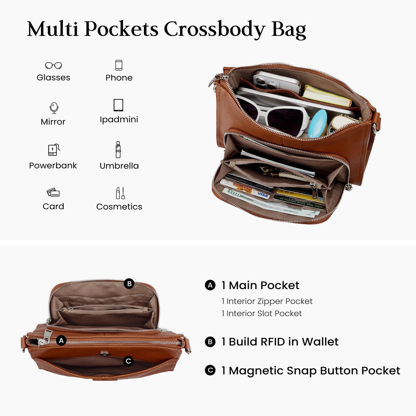 befen Real Leather Crossbody Purse for Women, Women's Small Leather Purses Cross Body Bag with Built in RFID Blocking Wallet Cognac Brown