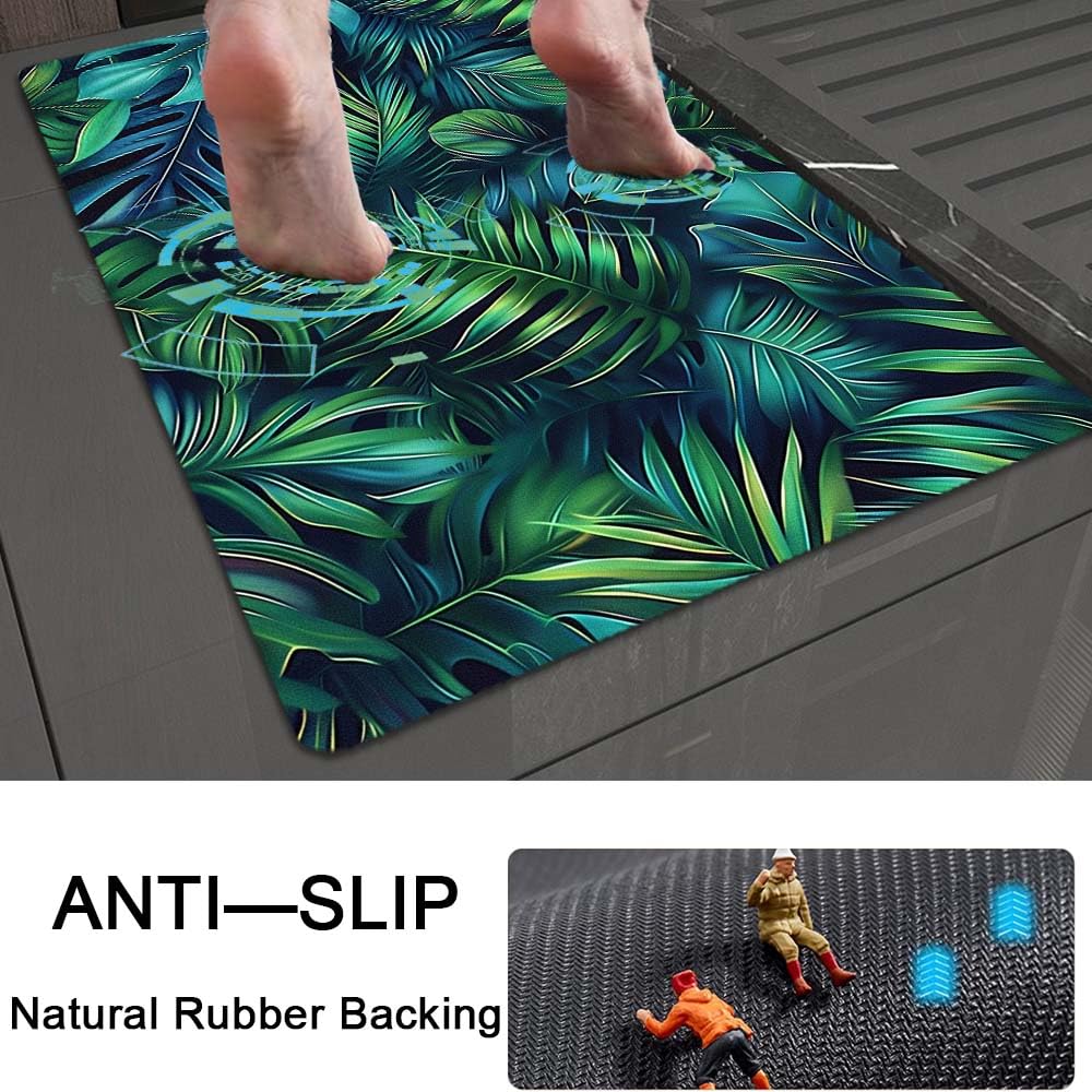 Bath Mat Rug,Green blue tropical leaves Non Slip Quick Dry Super Absorbent Thin Bathroom Rugs Fit Under Door-Easy to clean Bathroom Floor Mats-Shower Rug for Shower Sink Bathtub(16" x 24"In)