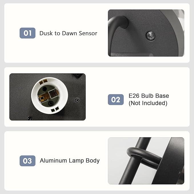 Outdoor Dusk to Dawn Outdoor Wall Lantern Grey Modern Exterior Wall Mount Light Fixture with Photocell E26 Waterproof Porch Light for Patio Garage Front Door (Bulbs Not Included)