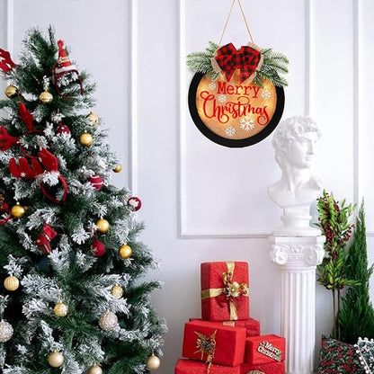 HOMCDALY Merry Christmas Welcome Sign for Front Door, Winter Merry Christmas Wreath with Light, Farmhouse Door Decoration Wooden Hanging Sign, Christmas Decoration (F-Xmas-Black)