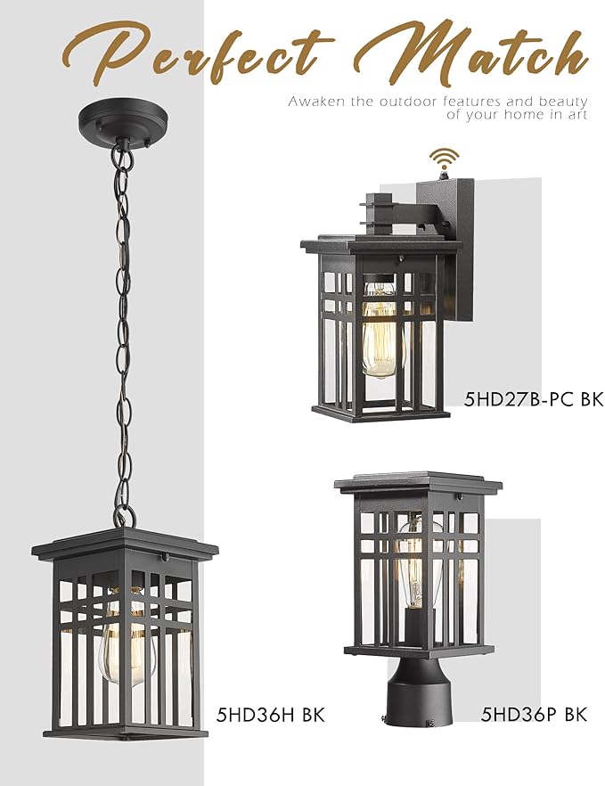 Dusk to Dawn Sensor Outdoor Wall Sconce Lantern, HWH Exterior Wall Mounted Lamp Porch Light Fixture with Clear Glass Shade, Matte Black Finish for Garage Doorway Garden, 5HD27B-PC BK