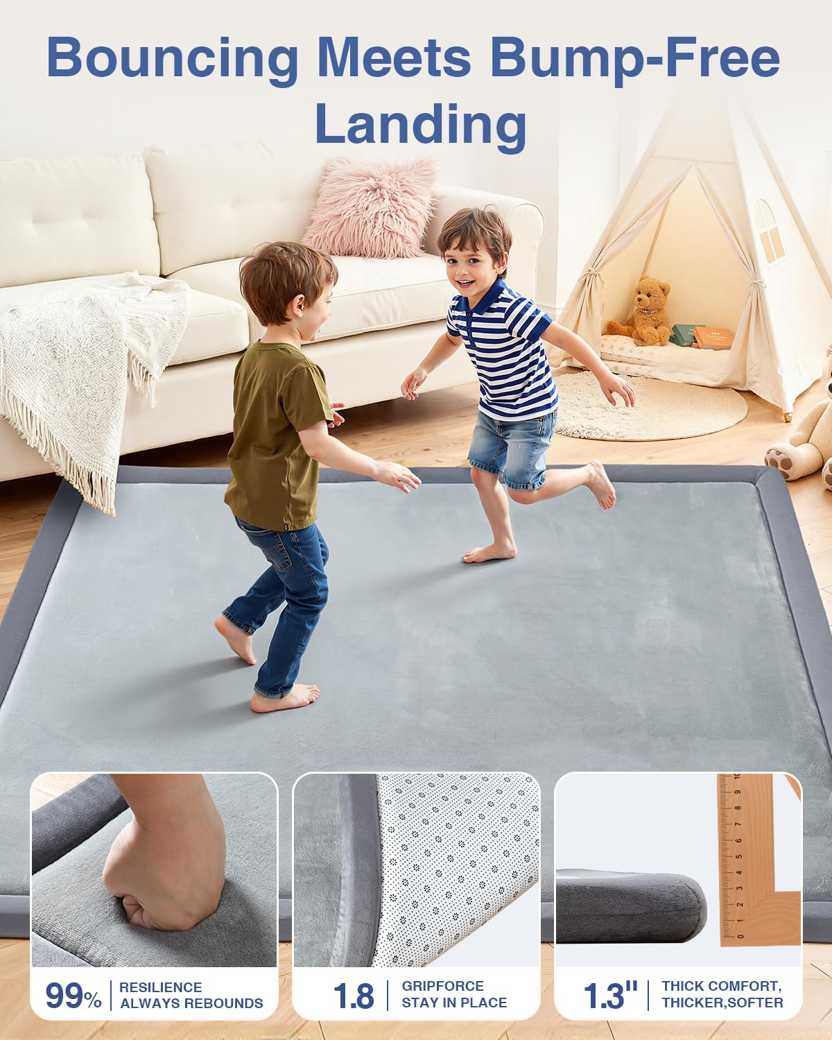 Baby Play Mat for Floor,1.3" Thick 47x47 Play Mat for Playpen,Tummy Time Foam Mats,Plush Soft Padded Playmate for Babies 6-12 Months Crawling,Non-Slip Nursery Rug for Toddler Kids Playroom(Grey)