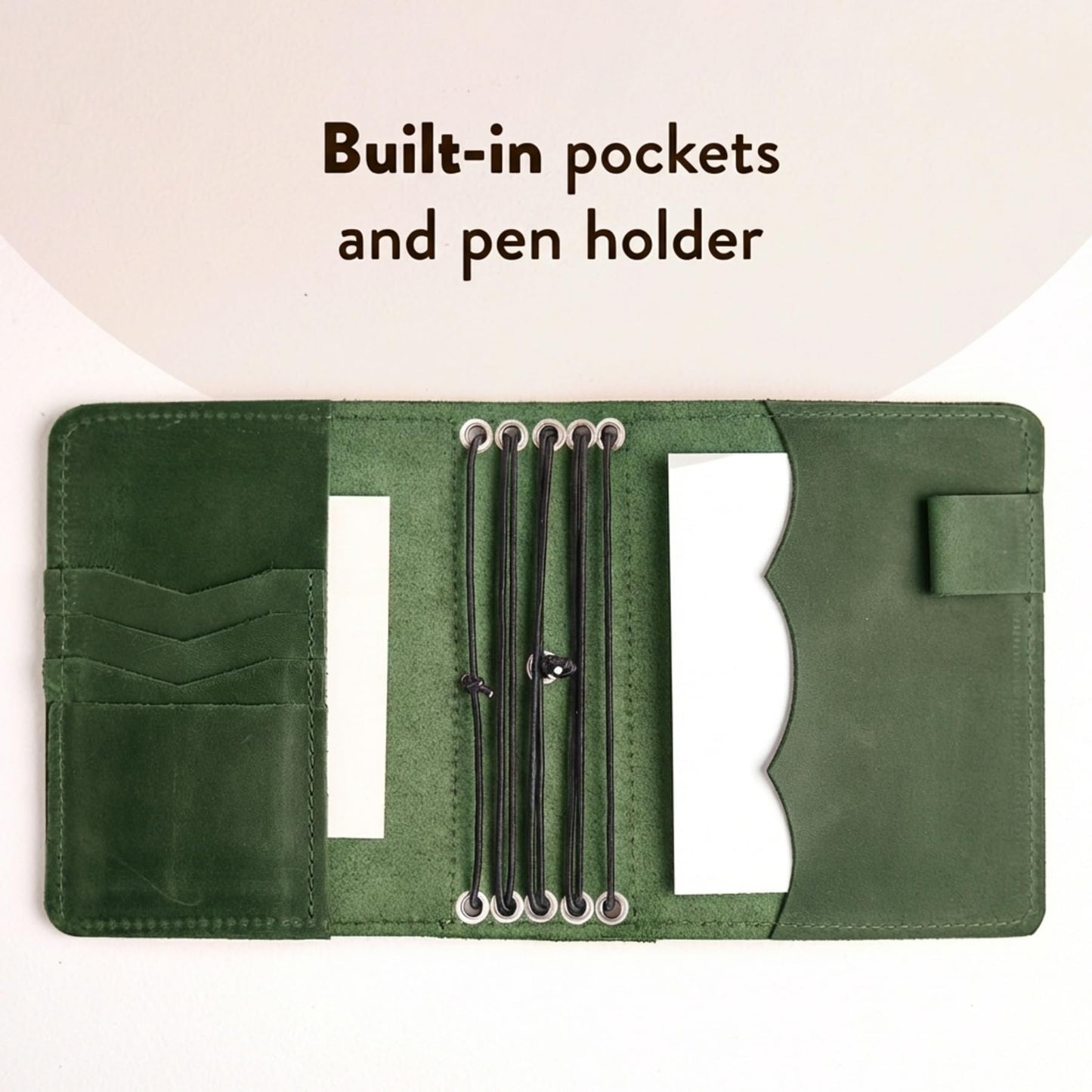 TORAKIP Travelers Leather Notebook Cover A6 – Refillable Leather Journal Cover with 5 Elastic Bands, Pen Holder & Pockets, Fits 4.1" x 5.8" Notebooks (Inserts Not Included), Green